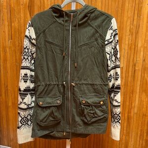 Fate Olive Utility Jacket with Black and White Patterned Knit Sleeves